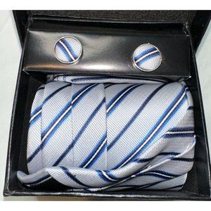 Men Professional CuffLink Tie Set Blue Stripes 18" Gift Set Career Dress Teacher